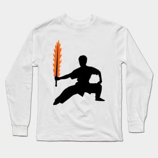 Wushu Boy Fire Sword Silhouette Pose Long Sleeve T-Shirt